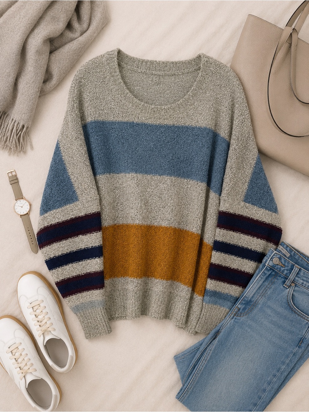 Favlux Colorblock Striped Boucle Sweater Cozy Oversized Knit Boho Size Large